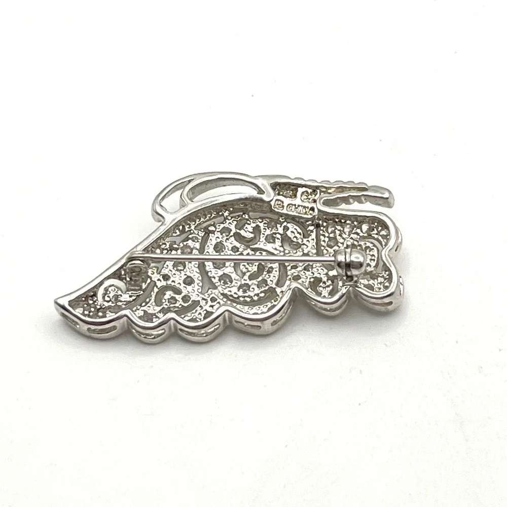 925 Sterling Silver Cubic Zirconia Butterfly Wing Brooch Pin Filigree Scroll